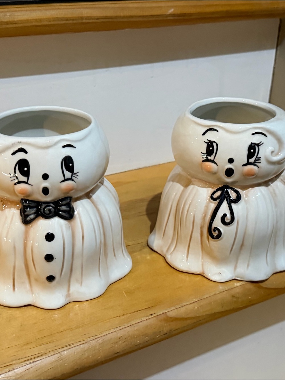 Pair of White Ceramic Ghost mugs with Hand-Painted Details Johanna Parker new